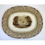 A sepia meat platter, decorated with a named scene of Trentham Hall