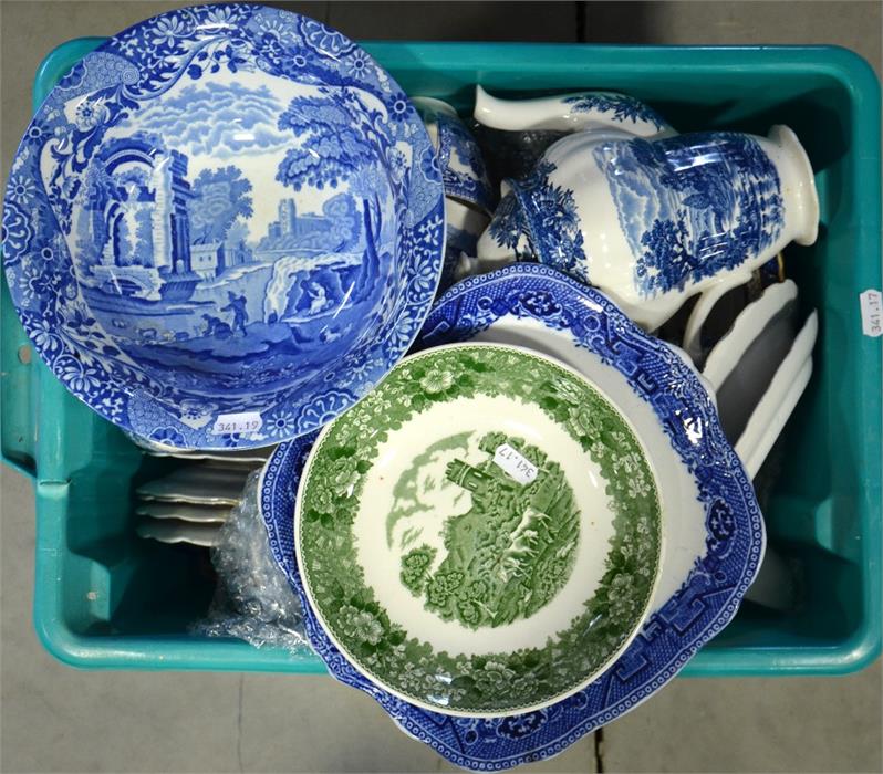 A mixed tray lot of Booths 'Real Old Willow' and Ridgway 'Pagoda' blue and white pottery
