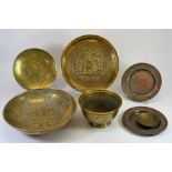 Seven Oriental brass and copper dishes, 20th century. Diameter 30cm. Also a mixed tray lot