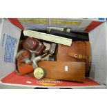 A mixed tray of lot leather goods including cameras and hip flasks