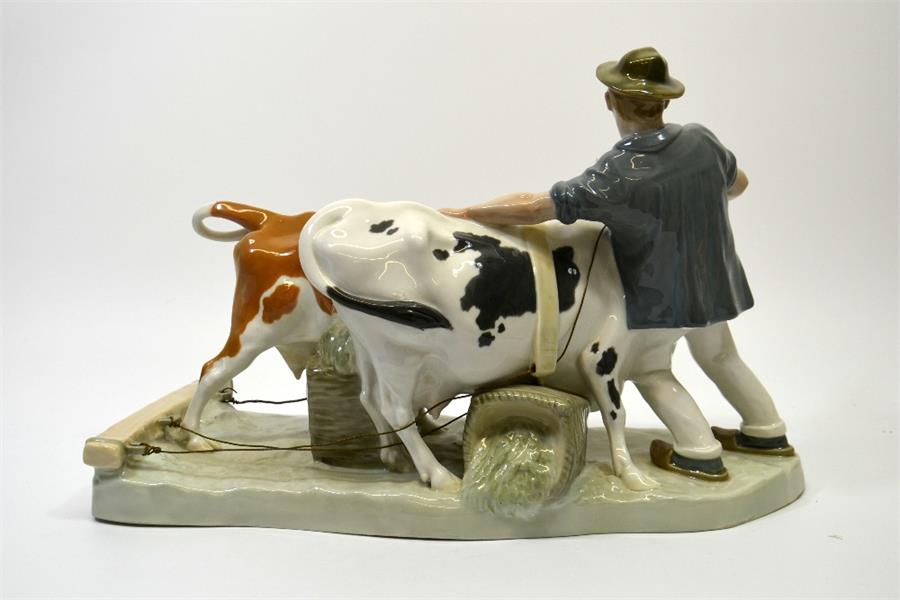 A Meissen group of a farmer with two cattle - Image 2 of 5