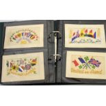 A collection of postcards including World War One silk embroidered cards