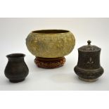 An Indian gilt brass cast bowl and two vases