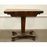 A William IV rosewood foldover pedestal card table, swivel topped, on tapered octagonal support