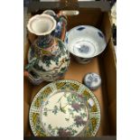 Oriental ceramics including Japanese Kutani ewer, plate, Chinese blue and white Kangxi type vase etc