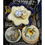 A collection of ceramics including Italian faience plates, Royal Worcester blush ivory, Meissen etc