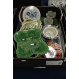 Majolica green pedestal fruit basket and dessert plates