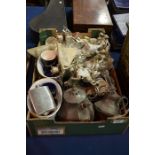 A tray lot of mixed items including hip flasks