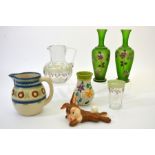 Ceramics and glass including a pair of Bohemian enamelled green frosted glass vases