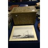 An oriental themed picture and a brass covered wooden box