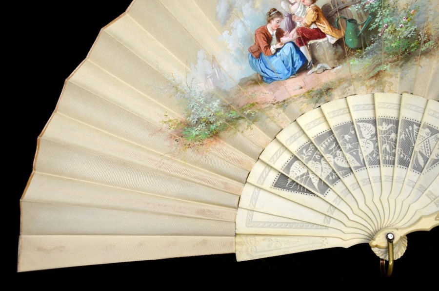 A 19th century hand painted and signed silk and ivory fan - Image 3 of 7