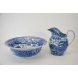 A blue and white transfer printed jug and bowl