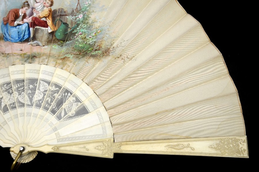 A 19th century hand painted and signed silk and ivory fan - Image 4 of 7