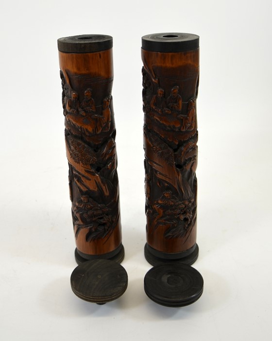 A pair of Chinese carved bamboo and reticulated joss stick holders - Image 3 of 4