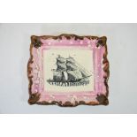 A Sunderland lustre plaque, transfer printed with a ship