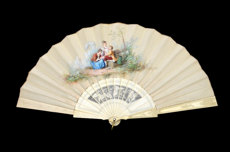 A 19th century hand painted and signed silk and ivory fan