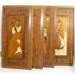 A set of four Arts and Crafts wooden panels, each incised with an allegorical figure of the seasons