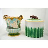 A George Jones majolica cheese dome and a Minton majolica rams head wine cooler