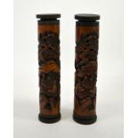 A pair of Chinese carved bamboo and reticulated joss stick holders