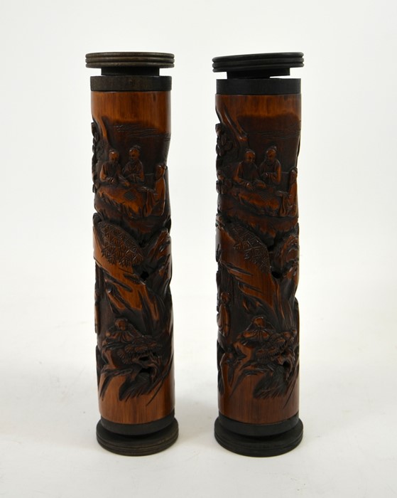 A pair of Chinese carved bamboo and reticulated joss stick holders - Image 2 of 4