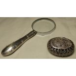 SILVER FILIGREE PILL BOX & SILVER HANDLE MAGNIFYING GLASS