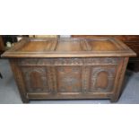 OAK CARVED 3 PANEL COFFER