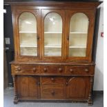 PINE DRESSER WITH GLAZED TOP, 3 DRAWERS,2 CENTRE DRAWERS & CUPBOARDS BELOW