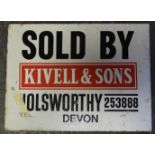 ENAMEL SIGN, WHITE PLASTIC COVER KIVELL & SONS HOLSWORTHY SOLD BY DOUBLE SIDED