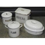 ENAMEL BREADBIN, 2 FLOUR BINS & CASSEROLE