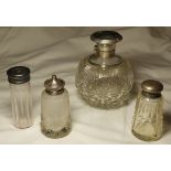 SILVER TOP SCENTS BOTTLE & 3 SMALLER SILVER TOP BOTTLES