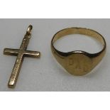 9CT GOLD CRUCIFIX & SIGNET RING P-3.68G