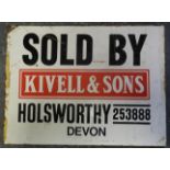 ENAMEL SIGN, WHITE PLASTIC COVER KIVELL & SONS HOLSWORTHY SOLD BY DOUBLE SIDED