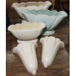 3 DARTMOUTH POTTERY TROUGHS & PAIR OF WALL POCKETS