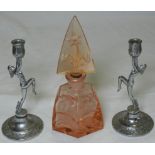 DECO PINK GLASS SCENTS BOTTLE & SMALL PAIR CHROME DECO LADY CANDLESTICKS