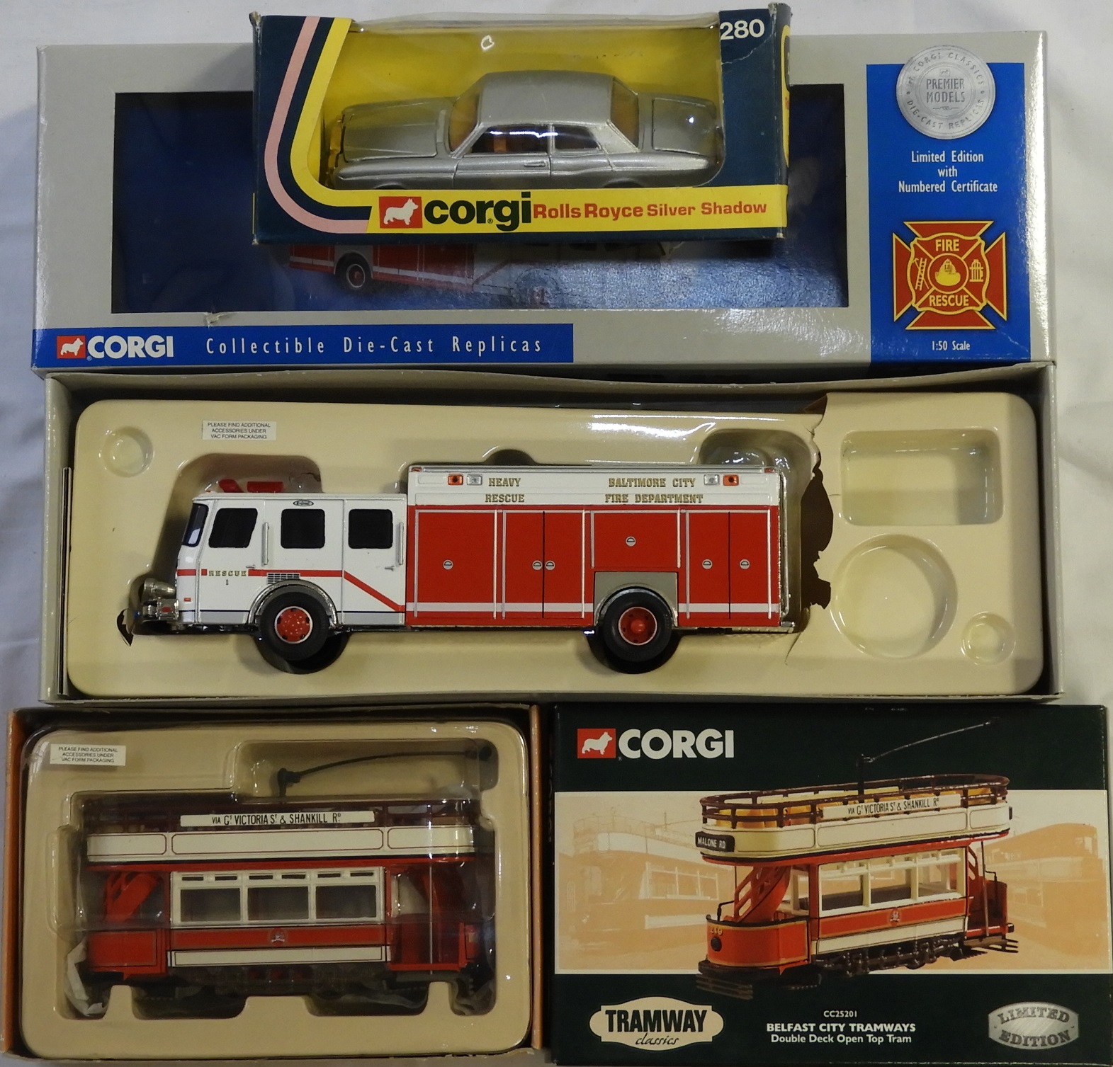 CORGI E-ONE RESCUE FIRE ENGINE, BELFAST TRAM & ROLLS ROYCE