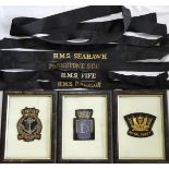 3 FRAMED NAVAL CLOTH BADGES & 4 CAP TALLIES