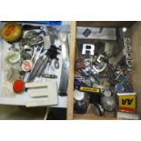 BOX OF VARIOUS CAR BADGES & OTHER CAR BITS