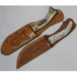 PAIR HUNTING KNIVES IN LEATHER SHEATH