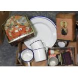 GEORGE BASSETT CALENDAR TIN, ENAMEL WARE, OXO TIN, SHAVING KIT ETC