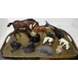 ORIENTAL BRASS TRAY & ANIMAL ORNAMENTS