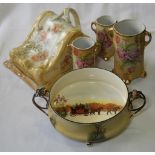 ROYAL DOULTON COACHING SCENE DISH IN PLATED STAND, CHEESE DISH & 3 VASES