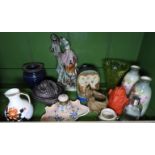 3 DRAGON POTS, PAIR OF VASES, STAFFORDSHIRE FLATBACK ETC