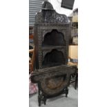 CARVED BLACK OAK CORNER TABLE & CUPBOARD