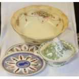 CROWN DEVON WASH BOWL, 2 WEDGWOOD PLATES & MASONS TUREEN