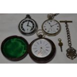 ALBERT KENEL & CO SILVER CYLINDERGANG & 8 STEINE POCKET WATCH IN LEATHER CASE, SILVER FOB, CHAIN &