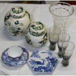 2 MASONS GINGER JARS, ROYAL CROWN DERBY CUP & SAUCER, TEAPOT STAND, 3 GLASSES & VASE