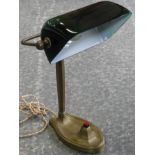 BRASS ADJUSTABLE HEIGHT LIBRARY LAMP WITH GREEN SHADE