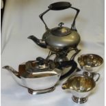 PLATED SPIRIT KETTEL & 3 PIECE TEA SERVICE