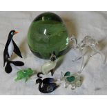 GLASS PAPERWEIGHT & 6 MINIATURE GLASS ANIMALS