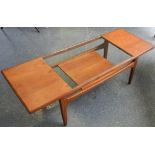 G-PLAN TEAK LONG JOHN COFFEE TABLE WITH GLASS CENTRE